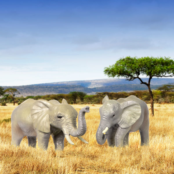 Toy African elephant figurines in savannah