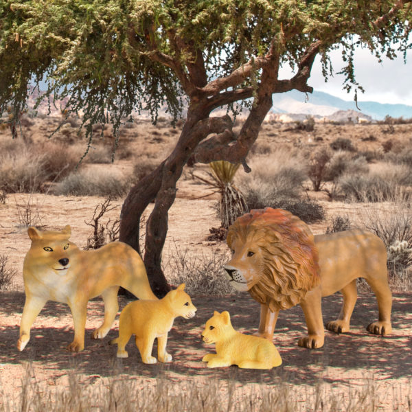 Toy lion figurines in savannah