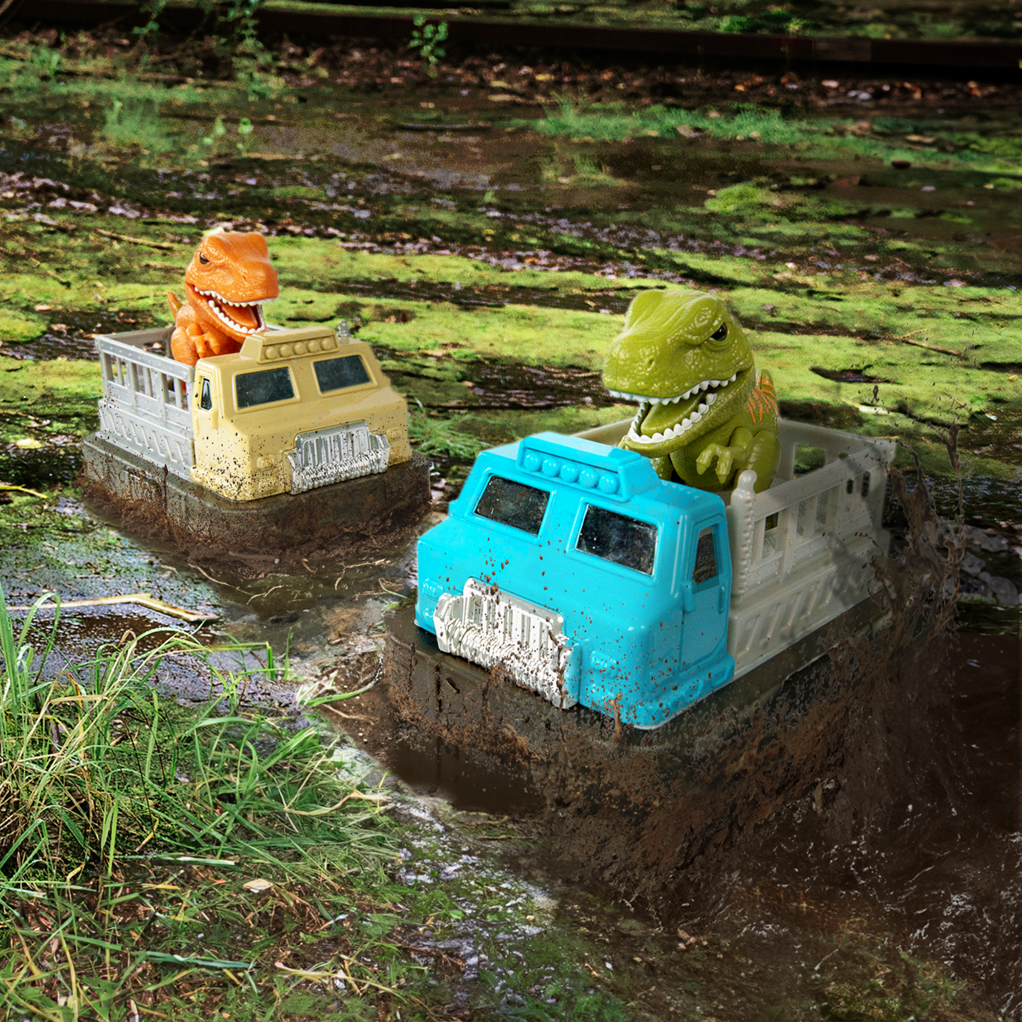 Dinosaur Bumper RCs in a swamp